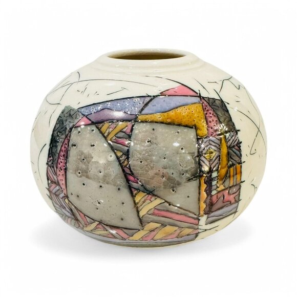 Signed Kirk Freeman Polychrome Ceramic Vase Studio Art Pottery Post-Modern 7"x5" - Picture 3 of 11